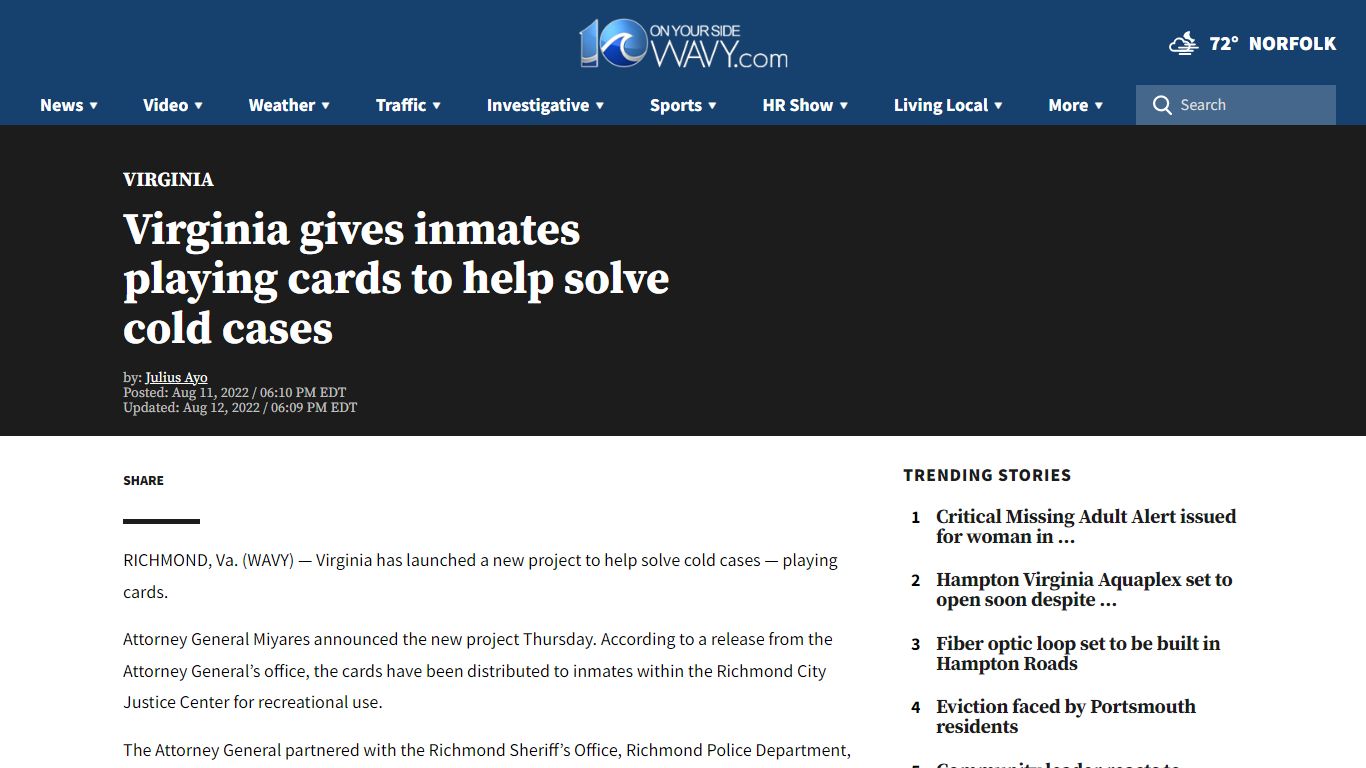 Virginia gives inmates playing cards to help solve cold cases